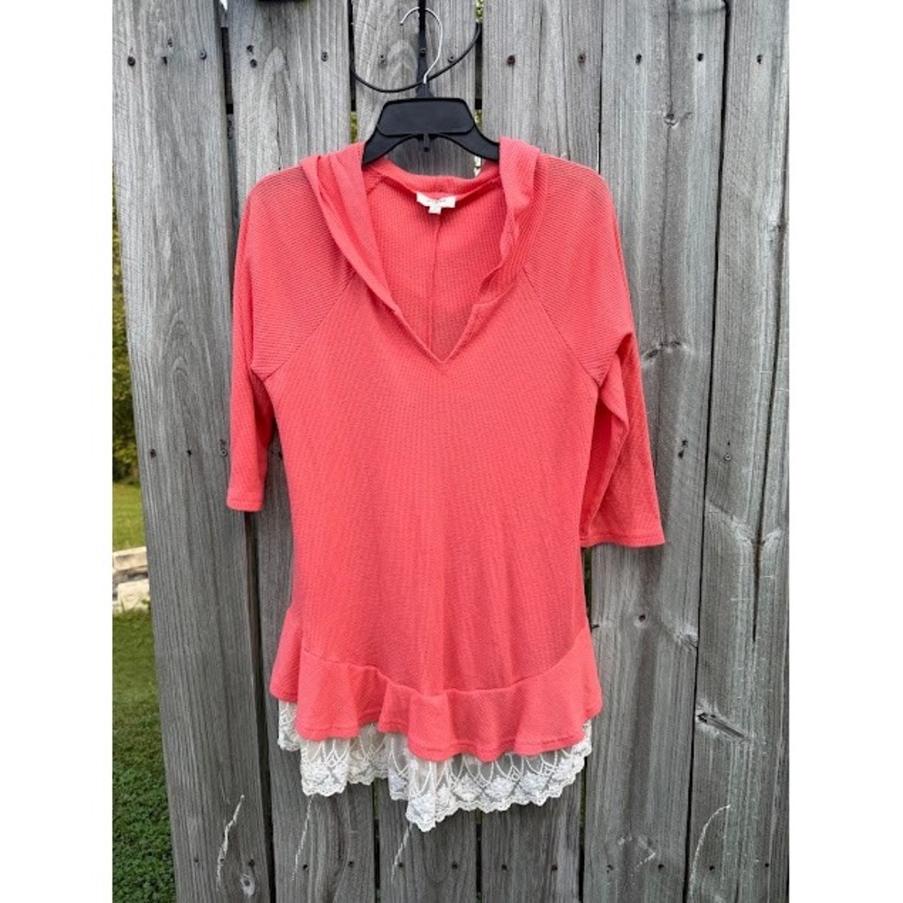 Boho Cottagecore Umgee Hoodie M Coral Lace Trim Ruffle Waffle Knit Top